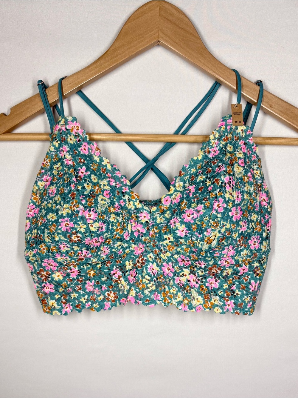 NWT Victoria’s Secret Teal Blue Floral Lace Bralette w/ Crisscross Straps. Med